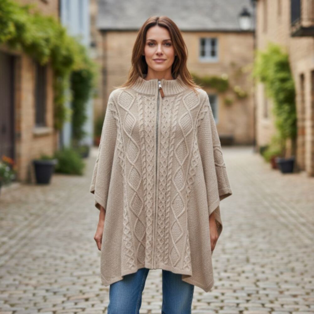 Cupcakes and Cashmere Poncho – Cable Knit with Zipper Front High Collar M / L